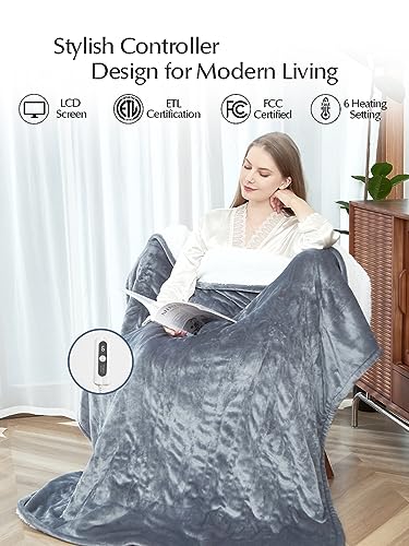 Heated Blanket Throw Size, Soft and Cozy Electric Heating Blanket for Bed, Automatic Safety System 6 Heating Levels & 4 Hours Auto-Off Gift for Grandma,50" x 60" London Grey