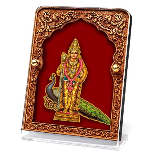 Image of Eknoor Wooden Mahal Velvet Murugan Kartikeya Ji Car Dashboard Frame | Gold-plated Murugan Kartikeya Ji foil on antique wooden mahal arch frame with red velvet backdrop - car, desk, puja ghar