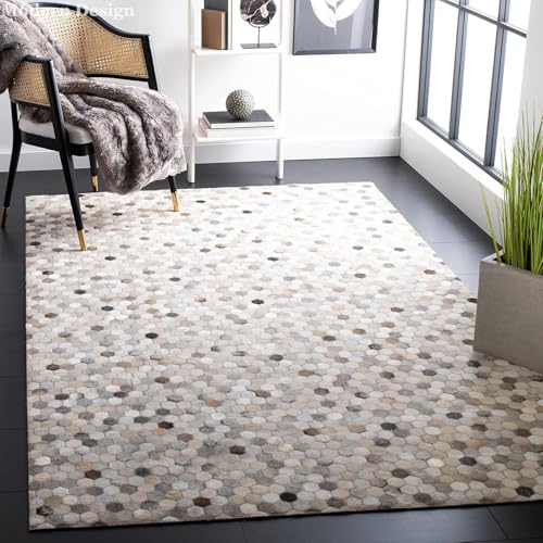 Modern Design Premium Leather Mosaic Area Rug, Geometric Pattern, Natural Multi Grey, Living Room Carpet (Multi Grey/Beige, 12x18)