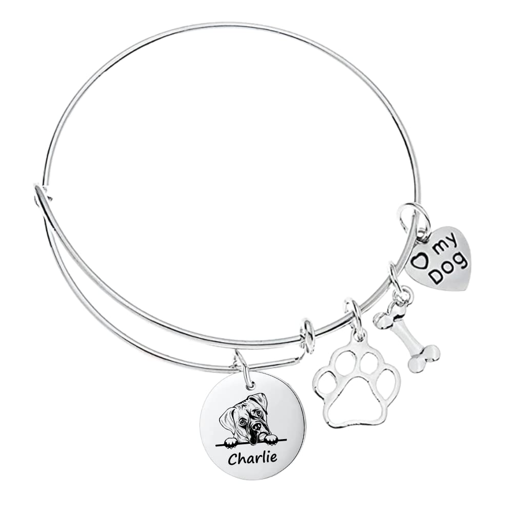 Boxer Dog Gifts, Personalized Boxer Dog Bracelet, Custom Engraved Dog Bangle, Memorial Keepsake for Dog Mom, Dog Lover Gift