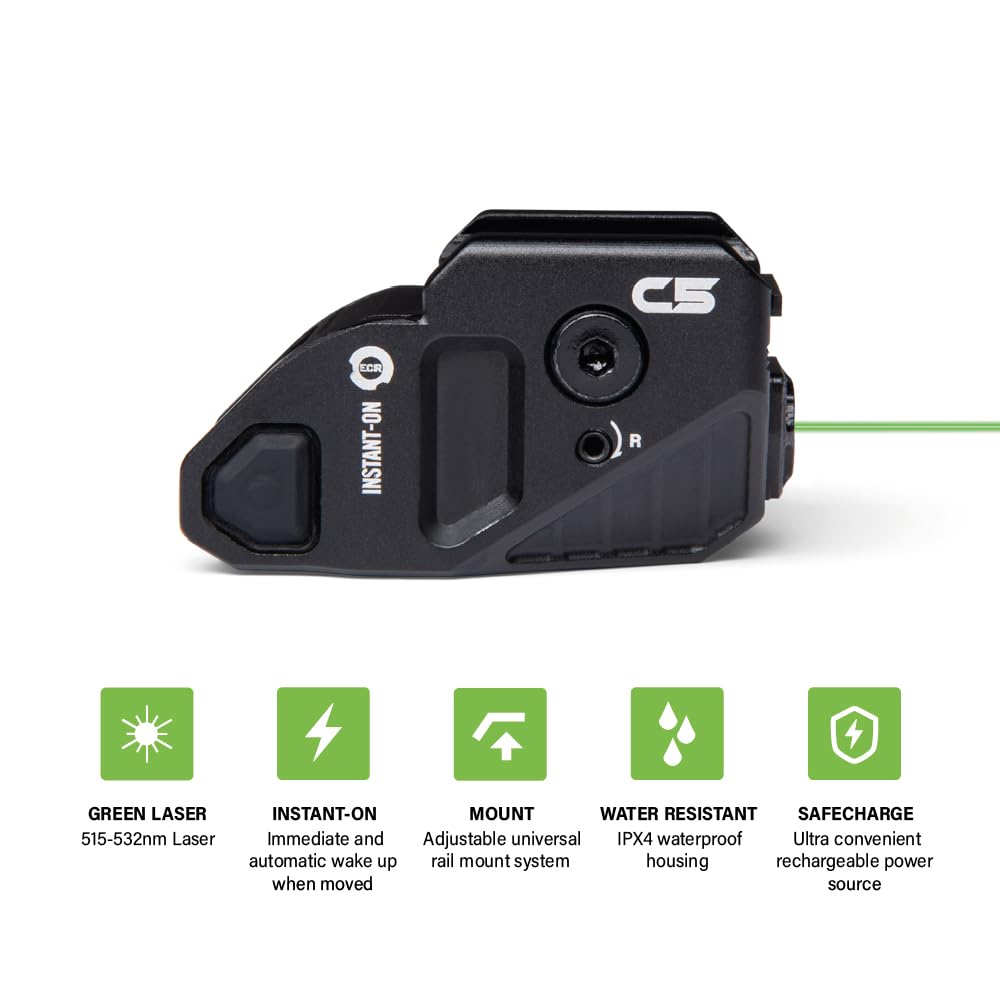 Viridian New C5 Green Laser Sight, Universal Rail Mounted, Gun Sight with Ambidextrous On and Off Switch, Rechargeable, Instant-On, Black
