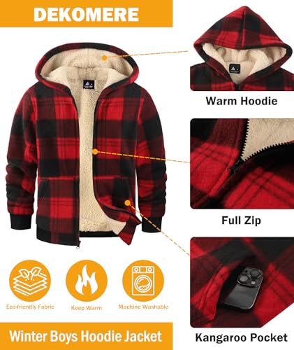 Image of Boys Fleece Jacket with Hood Unisex Child Sherpa Lined Zip Up Warm Coat Hooded Sweatshirt Outerwear