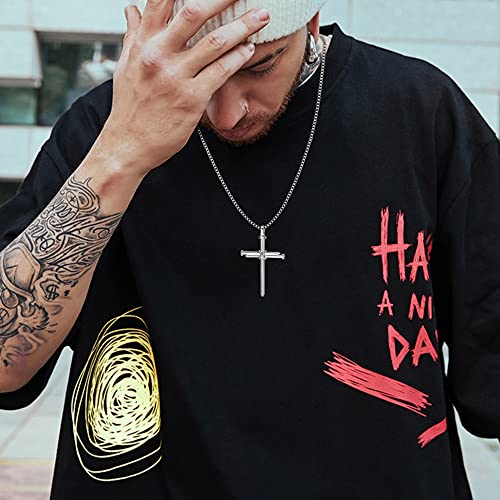 FIASASO 12Pcs Stainless Steel Pendant Necklace for Men Cool Goth Necklace Funky Gothic Cross Dog Tag Yin Yang Triangle Pendant Chain Necklace Set Black & Silver Tone …4