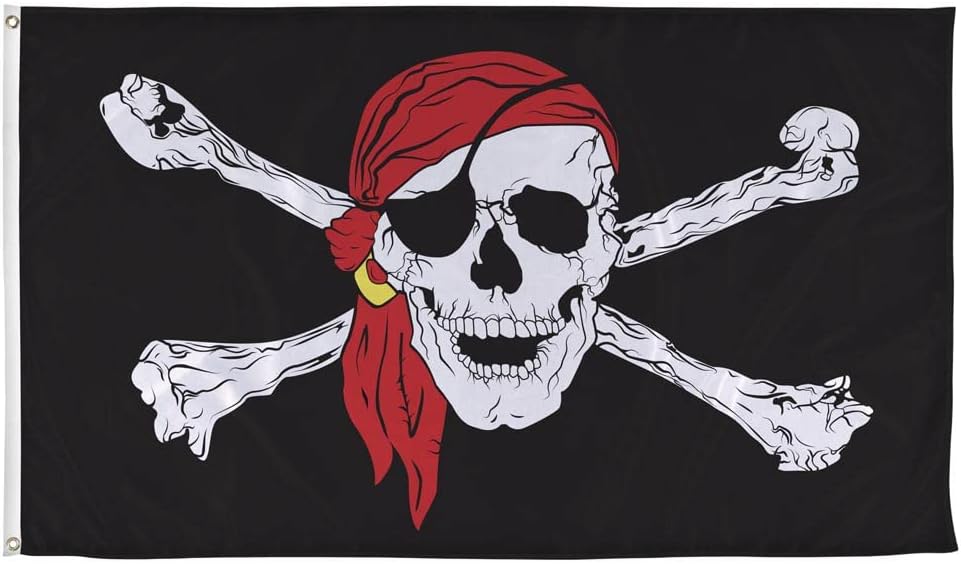 Vispronet 3ft x 5ft Red Bandana Pirate Flag, Jolly Roger Banner, Weather-Resistant Polyester, Metal Grommets, Pirate Party Ideas, Skull Outdoor Decor, Printed in USA, Flag Only