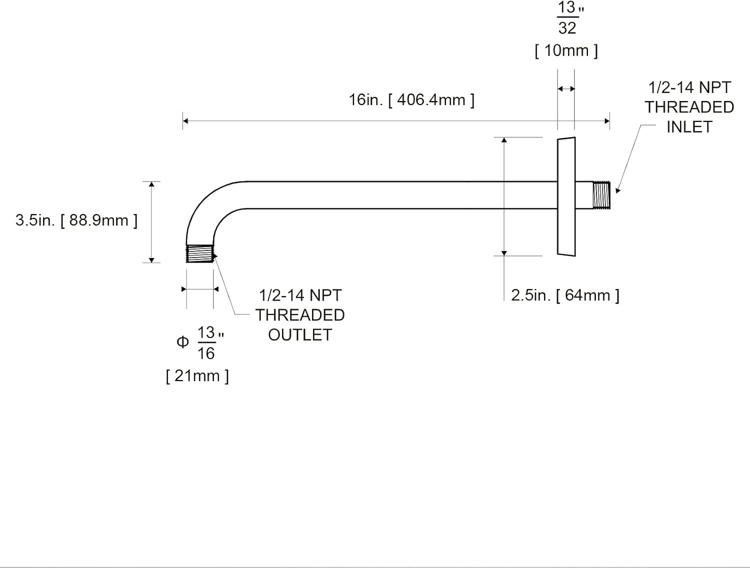 OFFO Shower Arm with Flange, 16 in Brushed Nickel Wall Mount Replacement Angle Shower Head Arm Wall-Mounted For Fixed Shower Head & Handheld Showerhead