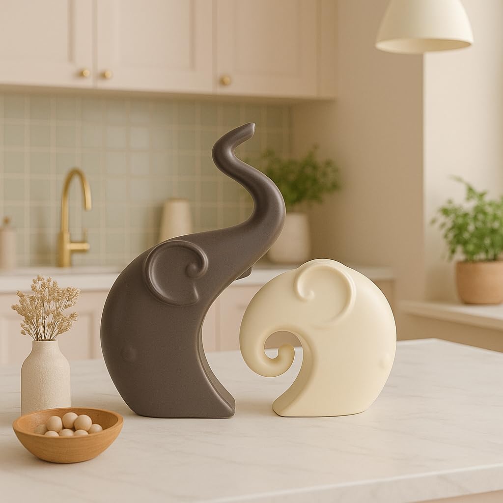LADROX Lavish Matte Home Décor Elephant Set | Ceramic Figurines - (Set of 2 Piece, Brown Cream) 3