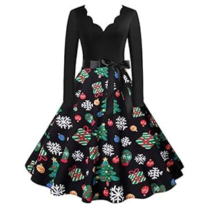 Generic Damen Weihnachtskleid Abendkleider Oversize V-Ausschnitt Hepburn Kleid Faltenrock Winter Langarm Weihnachten…
