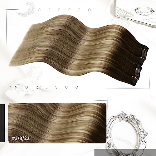 Moresoo Clip in Hair Extensions Real Human Hair Balayage Brown to Light Brown with Medium Blonde 18 Inch 7pcs/120G #3/8/22 - Image 2