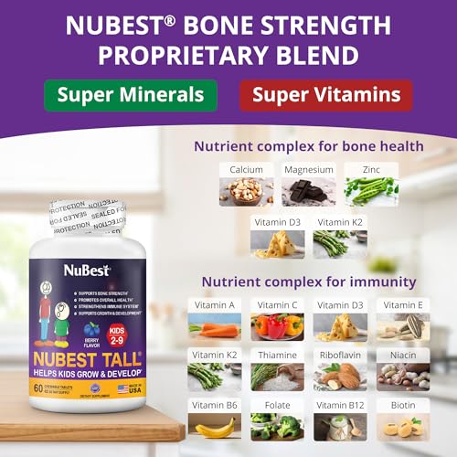 Image of NuBest Tall Kids - Multivitamins & Minerals for Age 2 to 9 - Bone Strength & Immunity Support - Helps Kids, Toddlers Healthy - Animal Shapes - 120 Chewable Berry Tablets | 2 Months Supply