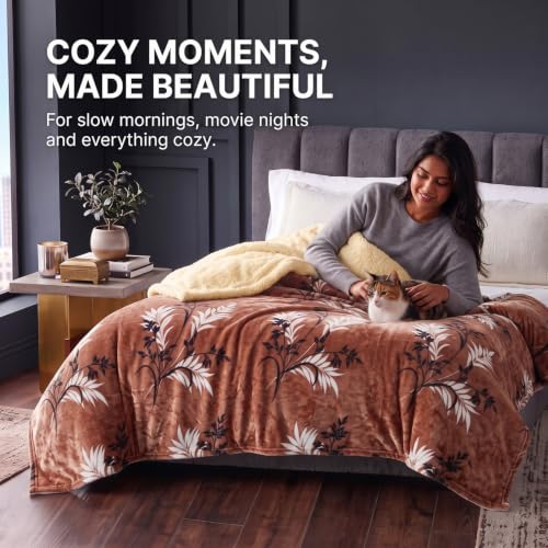 Image of BSB HOME Premium Flannel Fleece Blanket with Sherpa Reverse, 280 GSM Soft Plush Reversible Floral Blanket, Warm Cozy Winter Blanket for Bed, Sofa & Couch, 90 x 100 Inches (228 x 254 cm) - Rust Brown