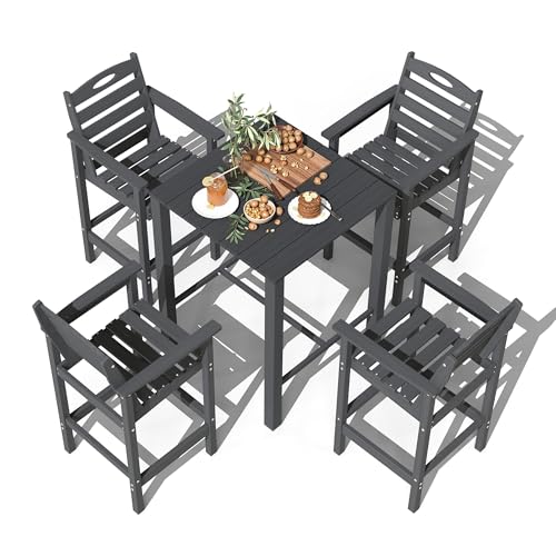 Domi HDPE Adirondack Patio Table and Chairs Set of 5 Outdoor HDPE Patio Bar Set All Weather Bar Chairs and Table Set for Patio Balcony Backyard Poolside Grey