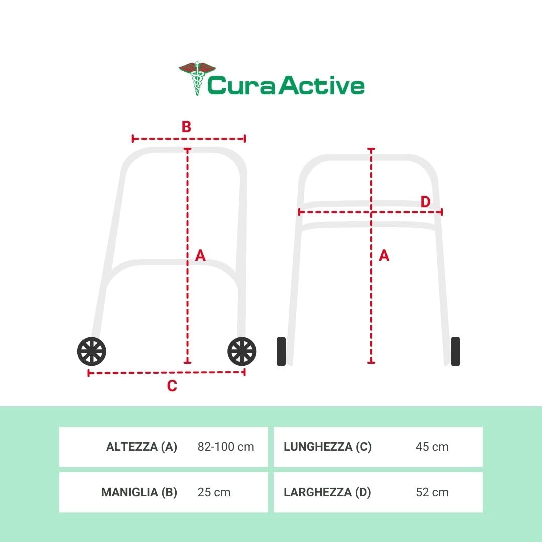 CURA FARMA Cura Walk - Deambulatore per Anziani 4 Ruote Girevoli Valido per Pazienti di Ogni Età con Appoggi Ergonomici Deambulatore Pieghevole e Altezza Regolabile 82-100 cm Supporto e Riabilitazione