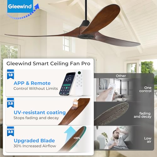 Image of Outdoor Ceiling Fan No Light for Patios, 52 inch Ceiling Fans Without Lights with Smart App and Remote Control, Wet Rated 3 Blades Wood Propeller Modern Fan for Exterior Outside, High CFM, Walnut