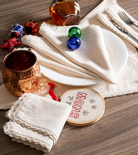 Image of Lightnpro Cloth Dinner Napkins in Cotton Flax Fabric with Lace & Tailored Mitered Corners - 18x18 Inch Set of 12, Wedding, Baby Shower & Cocktail Napkin, Machine Washable Fabric Napkins Natural Color