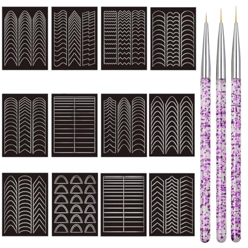 ZORVYN 12 hojas de adhesivos para herramientas DIY, incluye 12 estilos y 3 pinceles, color púrpura, ideales para dibujar líneas y decoración de uñas en casa, perfectos para manicura francesa