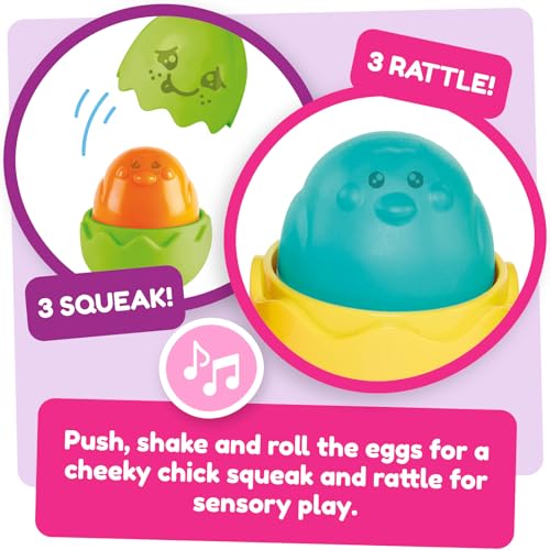 Toomies Tomy Hide and Squeak Bright Chicks Baby Toy - Baby Box mit 6 bunten Eiern, 3 Quietschern & 3 Rasseln - Shape Sorter Baby Sensory Toys Spielzeug und Babyspielzeug 6 Monate Plus bis 36 Monate