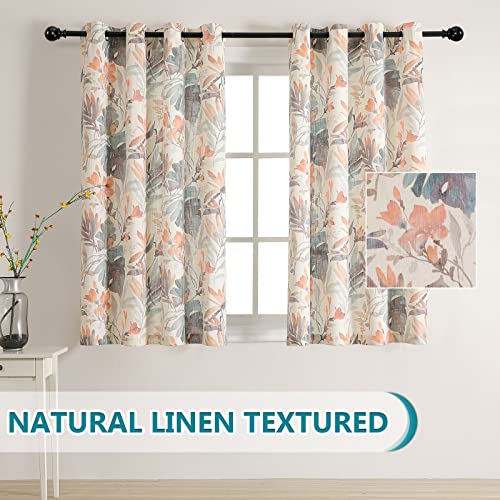 Image of MYSKY HOME Linen Style Curtains 72 Inch Length Semi Sheer Floral Cotton Light Filtering Curtain for Living Room Bedroom Floral Printing Window Treatment Grommet 2 Panels, Coral and Natural