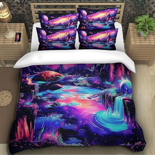 Housse de couette paysage spatial néon 3D 140x200cm lit garçon - 5