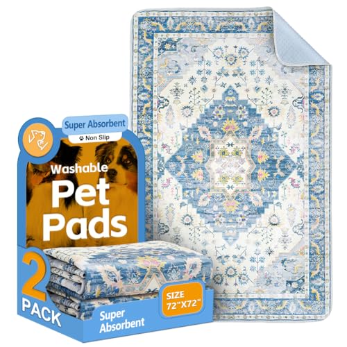 Image of Washable Pee Pads for Dogs, 2 Pack Reusable Puppy Training Pads 72 inchx72 inch Super Absorbent Waterproof Dog Training Pads, Non-Slip Potty Pads, Whelping Pads Litter Mat Blue Medallion