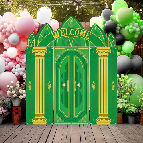 Image of VitalCozy 4 Pcs Green Castle Door Cover 6.5 x 3 ft Green Castle Backdrop Fairytale Backdrop Wonderland Hanging Banner Porch Sign for Home Bar Backyard Decorations Halloween Cosplay Party Supplies
