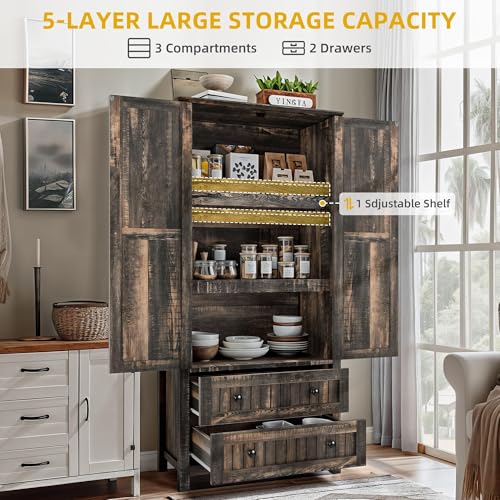 DWVO-Farmhouse-Kitchen-Pantry-Cabinet-645-Tall-Storage-Cabinet-with-2-Drawers-and-Adjustable-Shelves-Versatile-Storage-for-Living-Room-Dining-Room-or-Hallway-Dark-Rustic-Oak DWVO Farmhouse Kitchen Pantry Cabinet 645 Tall Storage Cabinet with 2 Drawers and Adjustable Shelves Versatile Storage for Living Room Dining Room or Hallway Dark Rustic Oak