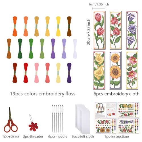 Image of FREEBLOSS 6 Set Bookmark Cross Stitch Kits Stitch Bookmark Cross Stitch Kits with Instructions 6 Flowers Pattern Embroidery Kit for Beginners Bookmark Making Kit for Gift