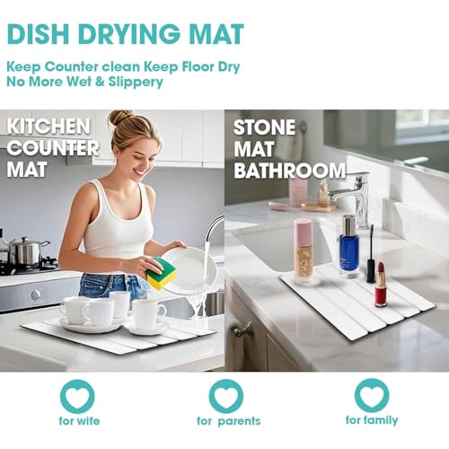 HAOIVE Dish Drying Mat Stone Bath Mat Diatomaceous Earth Stone Drying Mat For Kitchen Counter Sink Bath Mat Quick Dry Non Slip Foldable Dish Drying Rack Mat Small(16"×12" White) — view 5