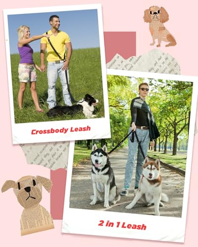 Freihändige Hundeleine für alle Formen, 2-3 m, doppelt verstellbare Schnalle, Crossbody mit gepolstertem Griff, für 1 oder 2 mittelgroße/große Hunde, 8-50 kg, Schwarz