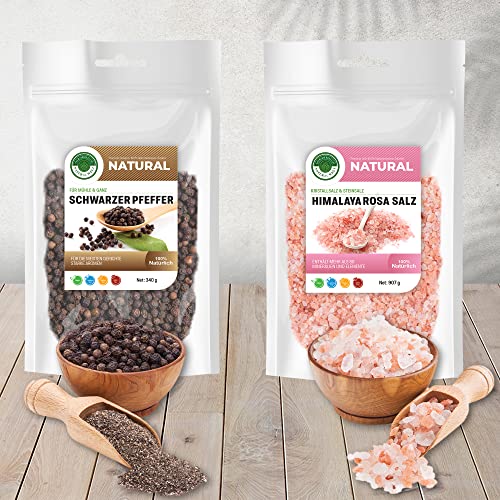 Schwarzer Pfeffer ganz 227g. und Himalaya Kristall Salz grob 907g. I Salz aus der Punjab in Pakistan I ganzer schwarzer Pfefferkörner I Steinsalz I 100% natürlich