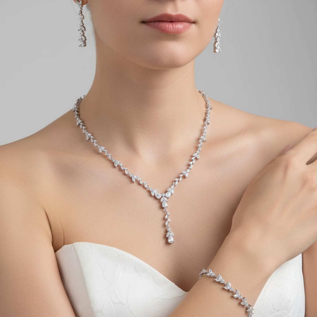 EVER FAITH Schmuck Set für Damen Party Braut, Elegante Blatt Marquise Zirkonia Y-Shape Halskette und Ohrringe Armband für Hochzeit Bankett Party