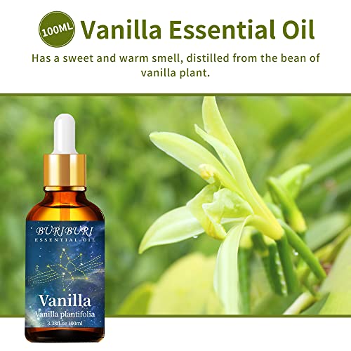 Image of BURIBURI 100ML Vanilla Essential Oil, 100% Pure Undiluted Aromatherapy Vanilla Oil 3.38fl.oz for Soap, Candle Making, Massage, Diffuser, Humidifier