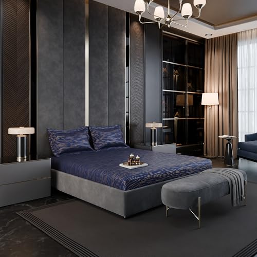 Image of Stoa Paris 350TC Luxture Cotton King Fitted Bedding Set with 2 Pillow Covers, All-Around Elastic Fitted Bedsheet 183cm x 198cm + 30cm Drop, All Season Comfort, Breathable, Panache 2.0 - Navy