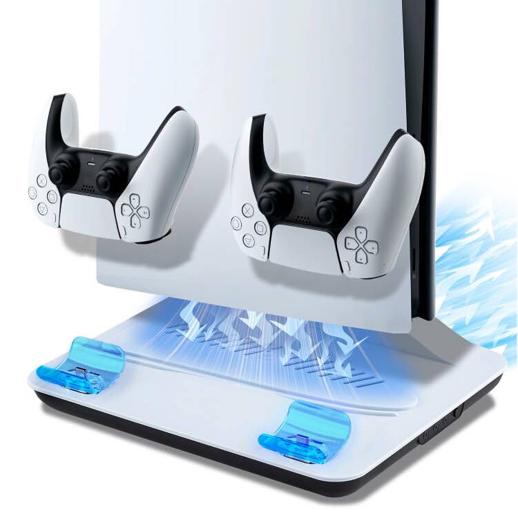 Tolesum PS5/PS5 Slim/PS5 Pro Ständer mit 3 stufig Lüfter, PS5 Standfuß mit 2 USB Ports/Dual Controller Ladestation für PS5 Zubehör