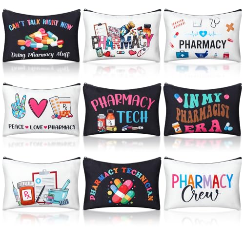 9 Pcs Pharmacy Technician Gift for Women Pharmacist Makeup Zipper Cosmetic Bag Pharmacy Technician Accessories for Pharmacist Women Doctor Nurse Medical Assistant Rx Supplies