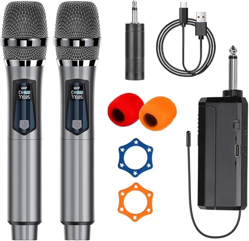 Micrófonos, Wireless Micrófono Inalambrico Profesional de 2 Pcs, Kit de Microfono Karaoke con Receptor, Micros Recargable de Mano para Cantar, Microfonos Dinámicos Multipropósito...