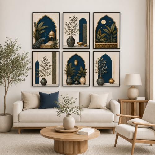 Image of Artsense Mughal Botanical Wall Art Set of 6 | Royal Peacock Arch Floral Decorative Paintings | Traditional Indian Palace Aesthetic Wall Decor for Living Room Bedroom Office
