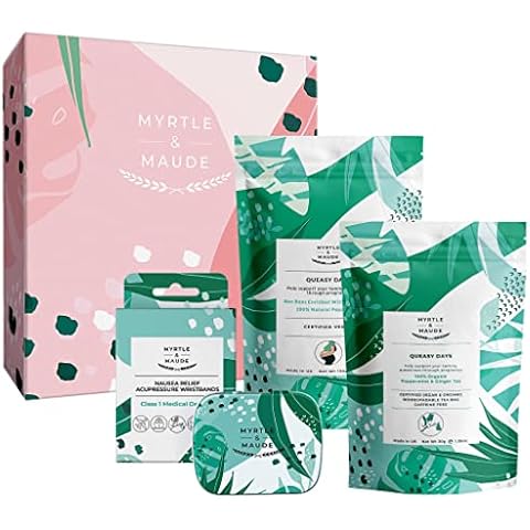 Myrtle & Maude - Nausea and Morning Sickness Relief Trio - Contains Queasy Days Tea With Peppermint & Ginger, Vitamin B6 Peppermint Bon Bons, and Nausea Relief Acupressure Wristband - Vegan (3 Count (Pack of 1)) Cover