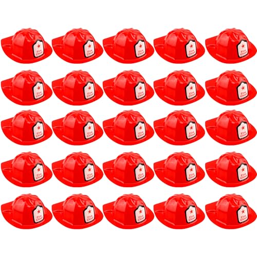 Cotiny 30 Pack Kids Firefighter Hats Bulk Red Plastic Fireman Helmets for Boys Girls Birthday Halloween Firefighter Cosplay Dress up Accessories