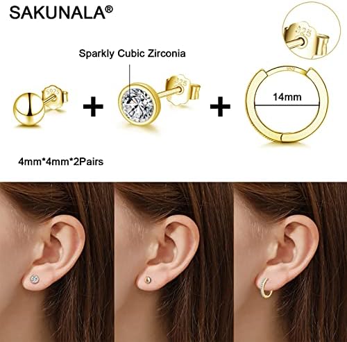 SAKUNALA 925 Sterling Silver Stud Earrings for Women Girls, Solid Silver Hoop Earrings and Stud Earrings Set, Small Cubic Zirconia Sleeper Stud Earrings Set, Earrings Set for Multiple Piercings