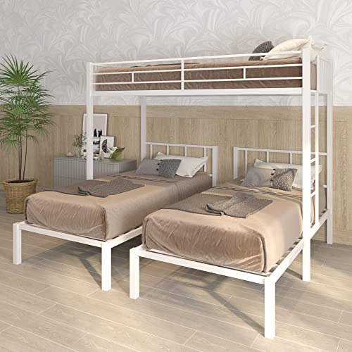 Triple Bunk Beds,Tmosi 3 Twin Bunk Beds for Kids Teens Boys Girls,Metal Heavy Duty Bunk Bed with Guardrail Ladder,Convert into 3 Twin Beds (White)