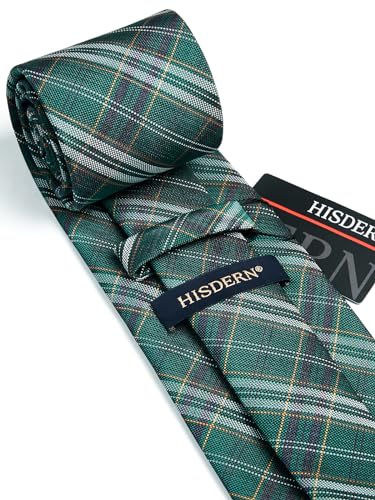 Image of HISDERN Ties for Men Plaid Checkered Tie with Pocket Square Woven Business Formal Necktie Handkerchief Set Wedding Party