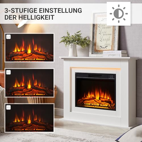 BALDERIA Finn - Elektrokamin mit Heizung in Weiß mit Kaminsims, 3D Flammeneffekt