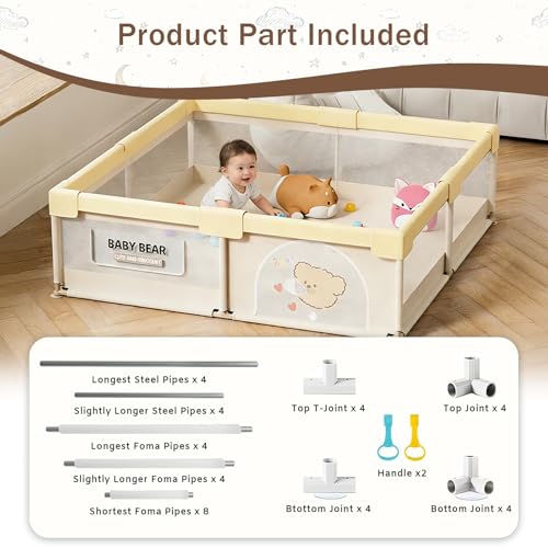 Image of Playpen for Baby up to 4 Years Playards with Pit Balls and Anti-Fall Grasp Rings, Kids Activity Center with Safety Lock & Small Storage Bag (No Mat, Non-Foldable) (150x180cm Yellow)