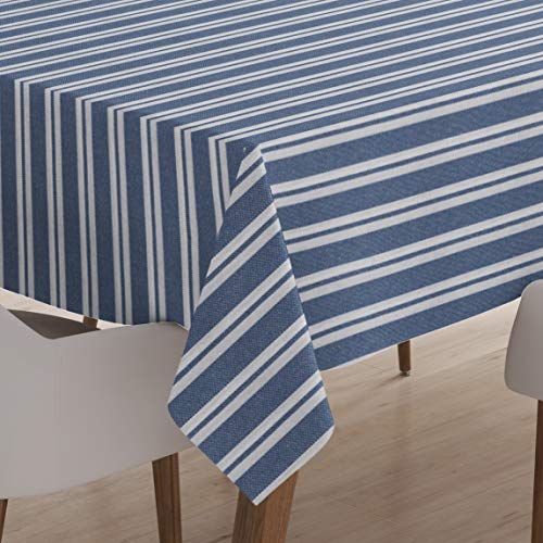 Encasa Homes Mantel para 6 Seater Mesa de Comedor Central - Franca Rayas Azules, (142 x 240 cm) - Tejido teñido con Hilo, Mercerizado, Lavable, Rectangular para el hogar y Hotel