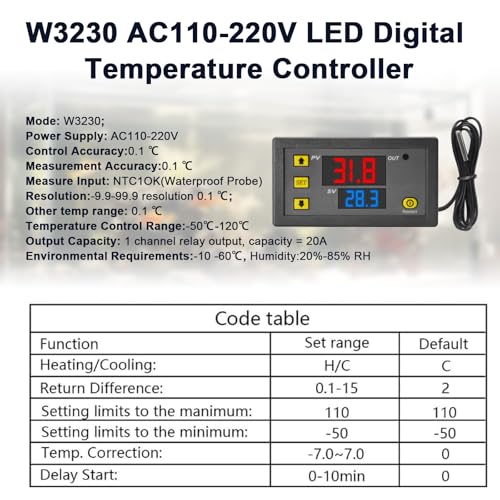 QIQIAZI W3230 Digitaler Temperaturregler 110V-220V AC, Temperaturschalter LED-Display Thermostat-Schalter mit NTC 10K-Sensor, Temperaturbereich -50℃ bis 110℃（2 Stück ）