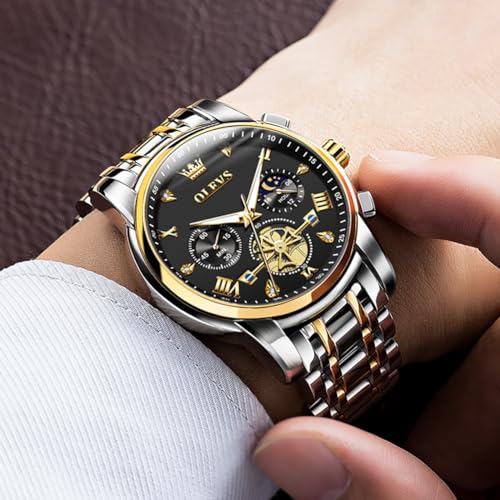 Image of OLEVS Watch for Men Stainless Steel Chronograph Big Face Easy to Read Analog Quartz Watches Luxury Waterproof Date Diamond Roman Arabic Numerals Dial Dress Wrist Watches, 2856:Two Tone&Gold Black,