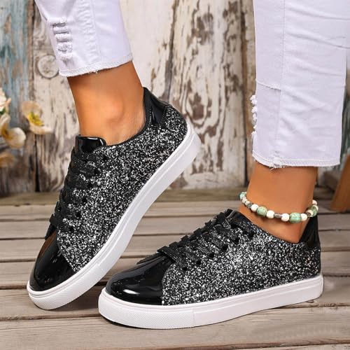 Glitter Sparkly Low Top Sequins Lace Up Tennis Shoes Shiny Orthopedic Walking Shoes Womens Bling Sequin Leather Non Slip Platform Sneakers Dressy Comfortable Sneakers for Women3