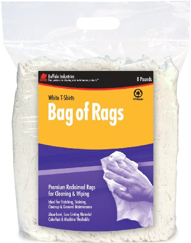 Buffalo Industries 10526BP Recycled White Cloth Tee Shirt Rags in 8-Pound Compressed Poly Bag