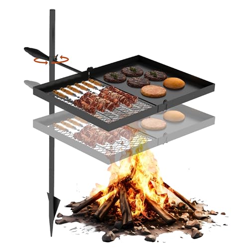 Folding Campfire Grill grate, Compact Height-Adjustable Fire Pit Grilling Grate, Heavy Duty Swivel Over Fire Cooking Grate with Handbag for Outdoor Camping Hiking Backpacking and Family Gatherings