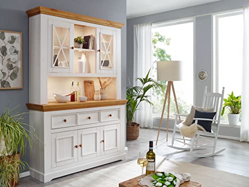 Woodroom Oslo Buffet Vitrine Vitrinenschrank Standvitrine Wohnzimmerschrank, Holz, Weiß, Hoch und Schmal